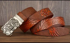 Men vintage embossed dragon leather belt with automatic metal buckle luxury casual strap