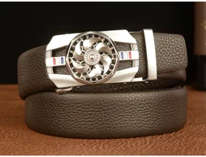 Men's leather belt detail view, brown cowhide strap with silver metallic rotating buckle.