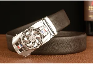 Men's genuine leather ratchet belt featuring a stylish rotating metal buckle design.