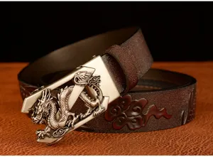 Men's leather belt featuring a metallic dragon and Z buckle design with embossed cloud patterns.