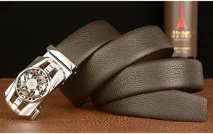 Men leather belt with metallic rotating buckle business casual cowhide waist belt detail