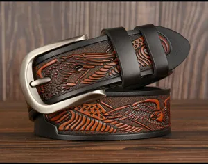 Men's embossed cowhide leather belt with eagle pattern and classic metal pin buckle casual jeans