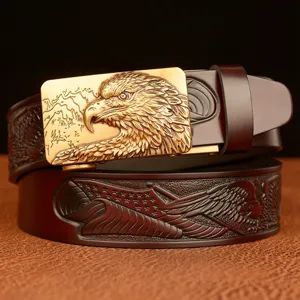 Men Vintage Genuine Leather Belt Eagle Automatic Buckle Embossed Casual Cowboy Pants Waistband Fashion Accessories