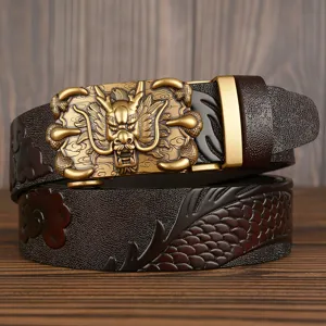 Men's Genuine Leather Belt Vintage Dragon Pattern Automatic Buckle Business Casual Waist Band Metal Hardware