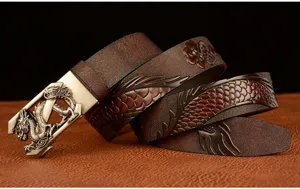 Detailed shot of men's leather belt with dragon scale embossing and metal buckle.