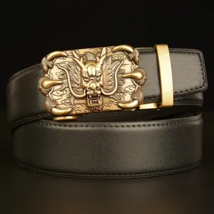 Men's leather belt featuring a detailed brass dragon claw automatic buckle for casual wear.