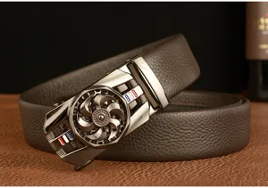 Men casual business genuine leather belt with metallic rotary turbine automatic buckle.
