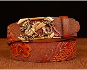 Close-up detail of the exquisite embossed dragon pattern and metallic buckle on the leather belt.