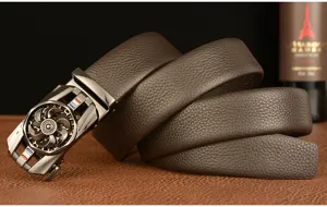 Men's genuine leather belt with automatic metal turbine buckle, casual business style in brown.