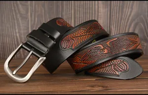 Men leather belt with eagle embossed design, vintage casual pin buckle belt for jeans.