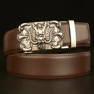 Men's leather belt with dragon claw automatic buckle, brown cowhide casual trousers belt.