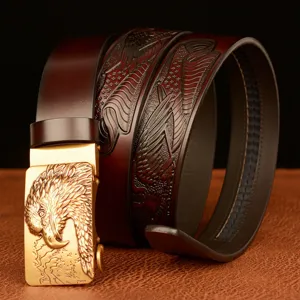 Men's leather belt automatic buckle stylish eagle embossed strap casual jeans belt dark brown