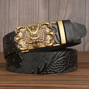 Men's leather belt with gold dragon buckle automatic black embossed waist belt stylish accessory