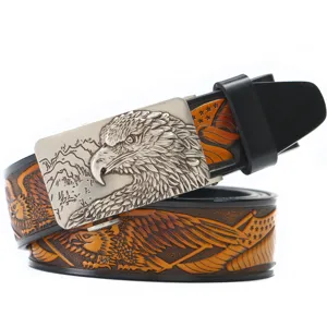 Men's leather belt featuring a detailed metal eagle head buckle and embossed eagle strap.