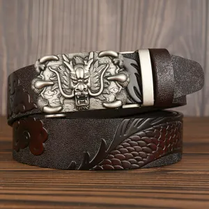 Men's genuine leather belt featuring a metallic dragon buckle and stylish embossed pattern for men.