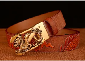 Men's genuine leather automatic buckle belt with embossed dragon pattern for daily wear
