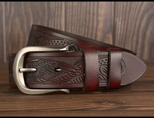 Men's brown leather belt with eagle carving pattern and vintage metal pin buckle casual jeans.