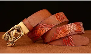 Close-up of a men's genuine leather belt featuring a detailed embossed dragon and gold buckle.