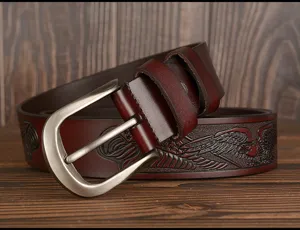 Men's genuine leather belt with retro embossed eagle design, casual metal pin buckle.