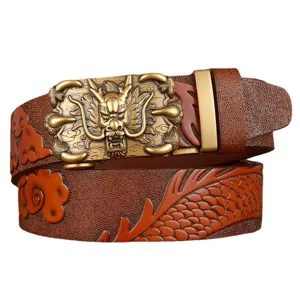 Premium men's leather belt with intricate 3D brass dragon buckle and embossed scale pattern.