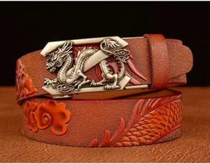 Men's leather automatic buckle belt with embossed dragon pattern retro ethnic style waist belt