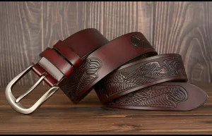 Men genuine leather embossed belt vintage eagle carved casual metal pin buckle jeans belt detail