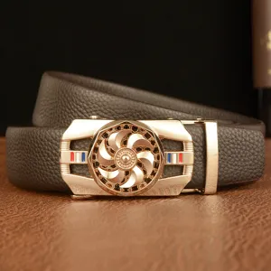 Men's genuine leather casual business belt with a stylish rotating golden metal buckle.