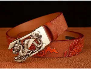 Men leather belt with metallic dragon buckle and embossed dragon pattern retro style trousers strap.