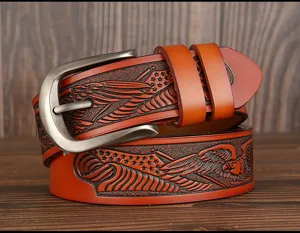 Men's embossed genuine leather belt featuring eagle and flag design, casual pin buckle.