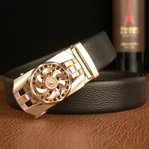 Men casual genuine leather belt with luxury rotating metal automatic buckle for business wear.