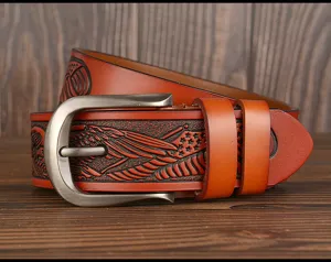 Men vintage embossed genuine leather belt carved eagle western jeans casual metal pin buckle