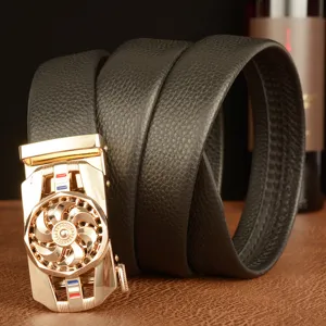 Men's genuine leather ratchet belt with gold rotating gear automatic buckle for business casual.
