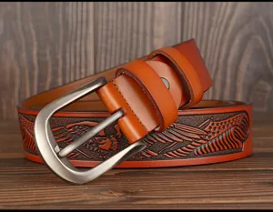 Men embossed leather belt vintage eagle pin buckle casual jeans belt detail view