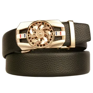 Men leather belt automatic rotary metal buckle business casual black strap accessory