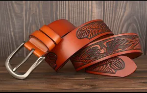 Men's genuine leather embossed eagle belt vintage casual metal pin buckle waist strap