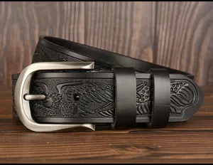 Men's leather belt with carved eagle detail, vintage pin buckle and black cowhide strap.