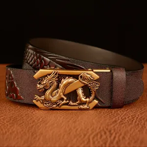 Men's leather belt featuring a metallic dragon automatic buckle and embossed dragon pattern.