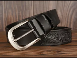 Men's cowhide leather belt with engraved eagle pattern, casual pin buckle jeans belt for daily wear.