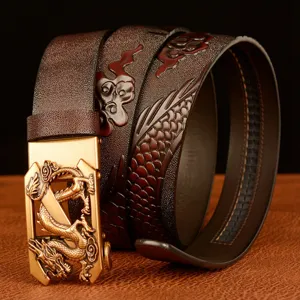 Men's genuine leather automatic buckle belt with embossed dragon pattern and gold buckle.
