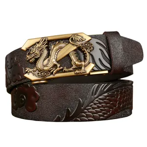 Men's leather belt with exquisite 3D golden dragon buckle automatic cowhide casual fashion.