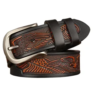 Men's leather belt with embossed eagle design, vintage casual pin buckle cowhide strap for jeans.