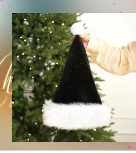 Black plush Santa hat detail shot, adult Christmas party decorative headwear with thick white brim.
