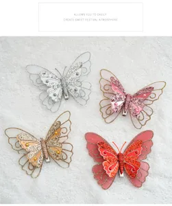 Navidad doble capa mariposa clip purpurina malla adorno árbol vacaciones fiesta detalles
