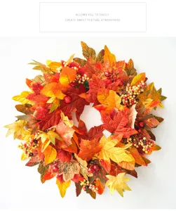 Autumn artificial maple leaf wreath berry garland for Thanksgiving Halloween home door decor.