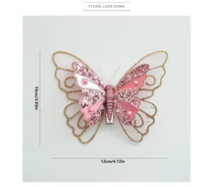 Clip de mariposa de malla de doble capa con brillo rosa para decoración de árbol.