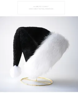 Detailed view of the black and white plush Santa hat with soft furry brim and pom-pom.