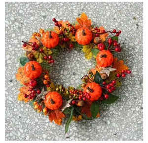 Autumn Thanksgiving wreath with faux pumpkins maple leaves berries for home holiday decor
