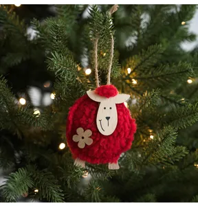 Addobbo per albero di Natale in feltro di lana rossa con testa in legno e fiore decorativo.