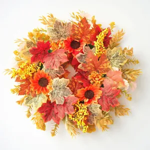 Autumn artificial maple leaf sunflower berry wreath for front door Thanksgiving decoration