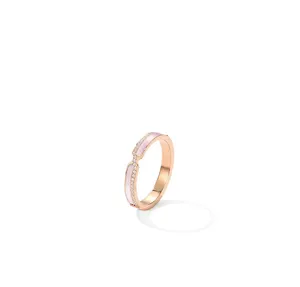 Rose gold stainless steel ring with pink shell and sparkling cubic zirconia, chic elegant design.